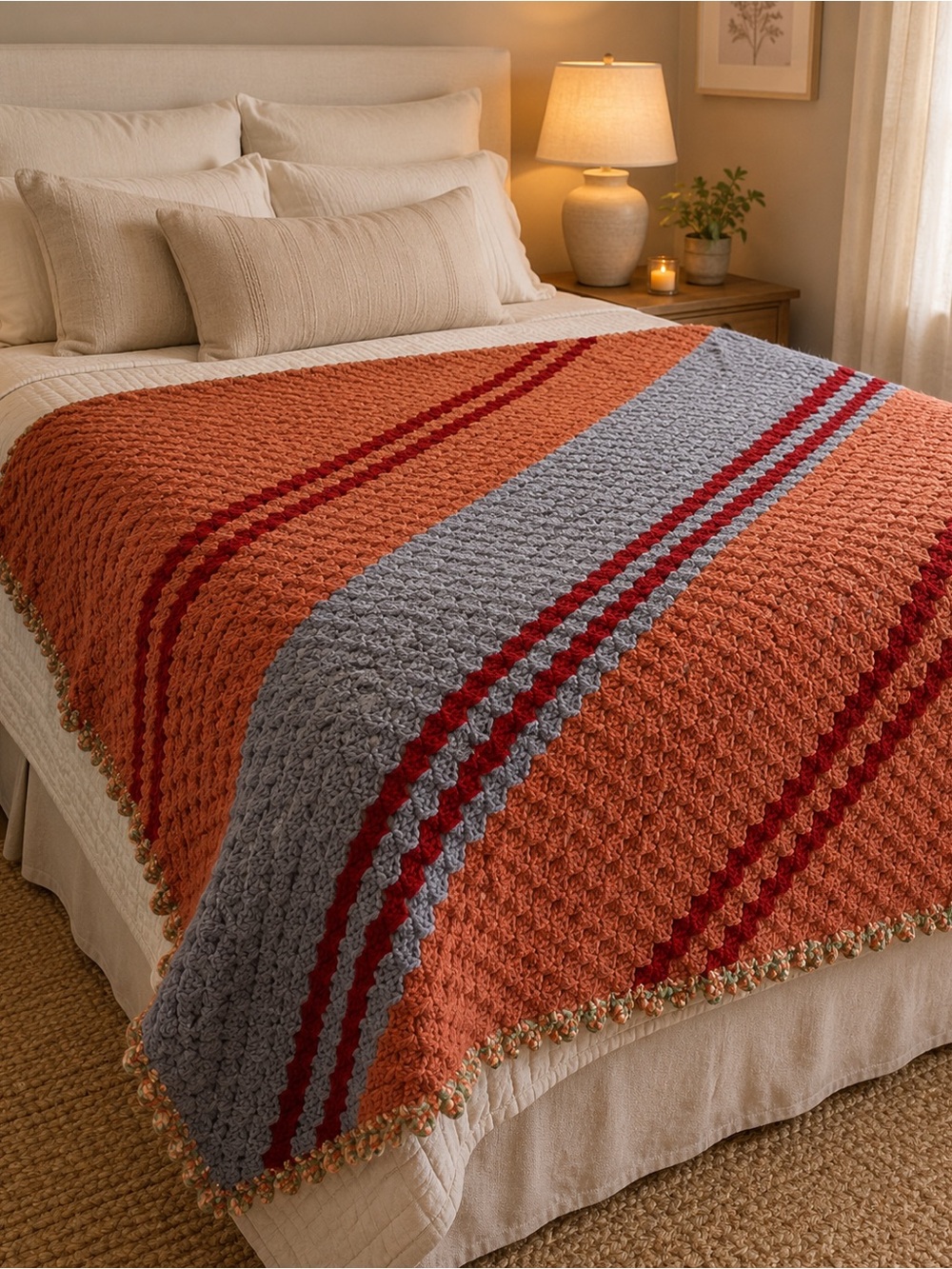Handmade Crochet Throw Blanket – 60 x 70 in Textured Rust and blue/Gray Stripe